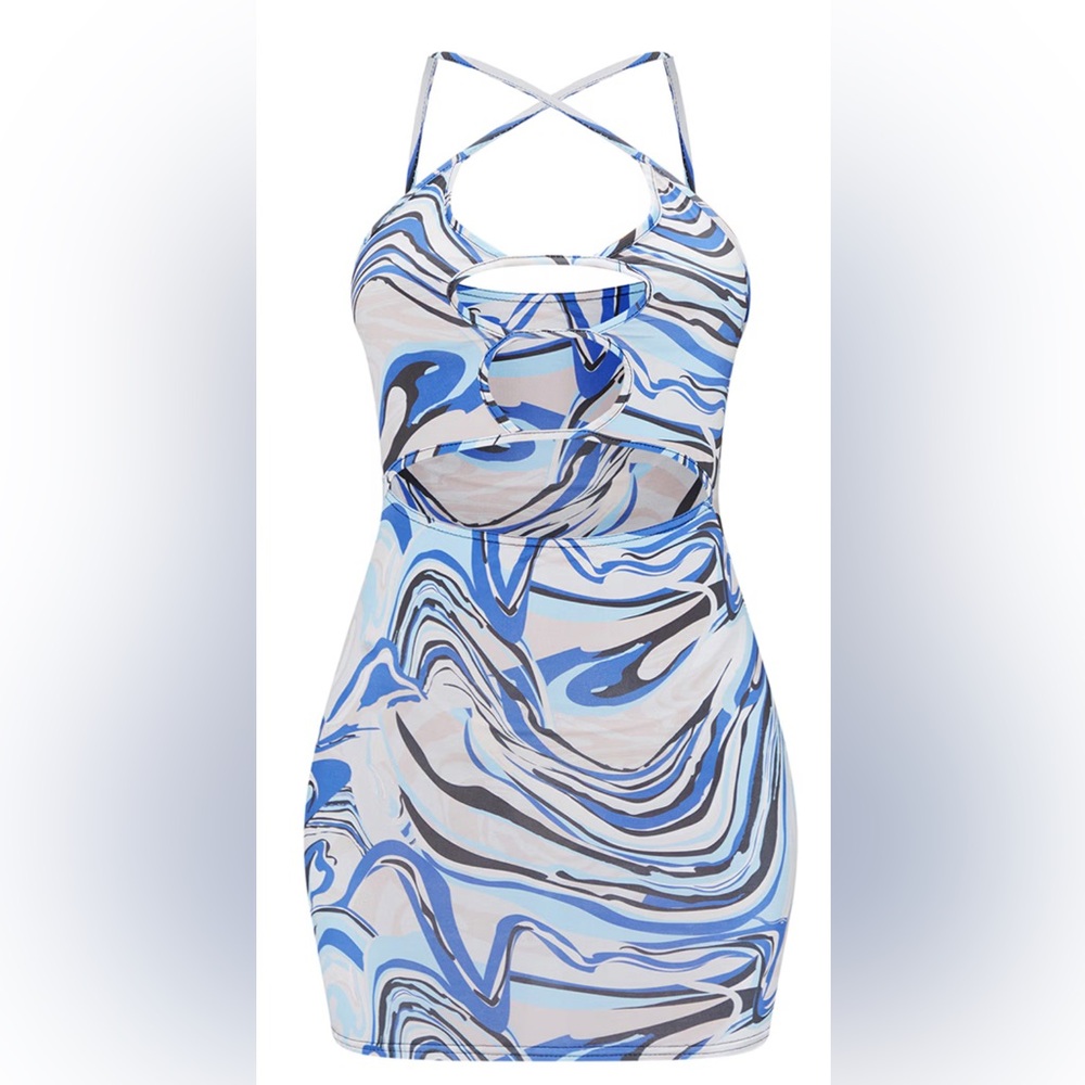 blue abstract print slinky double keyhole cut out bodycon